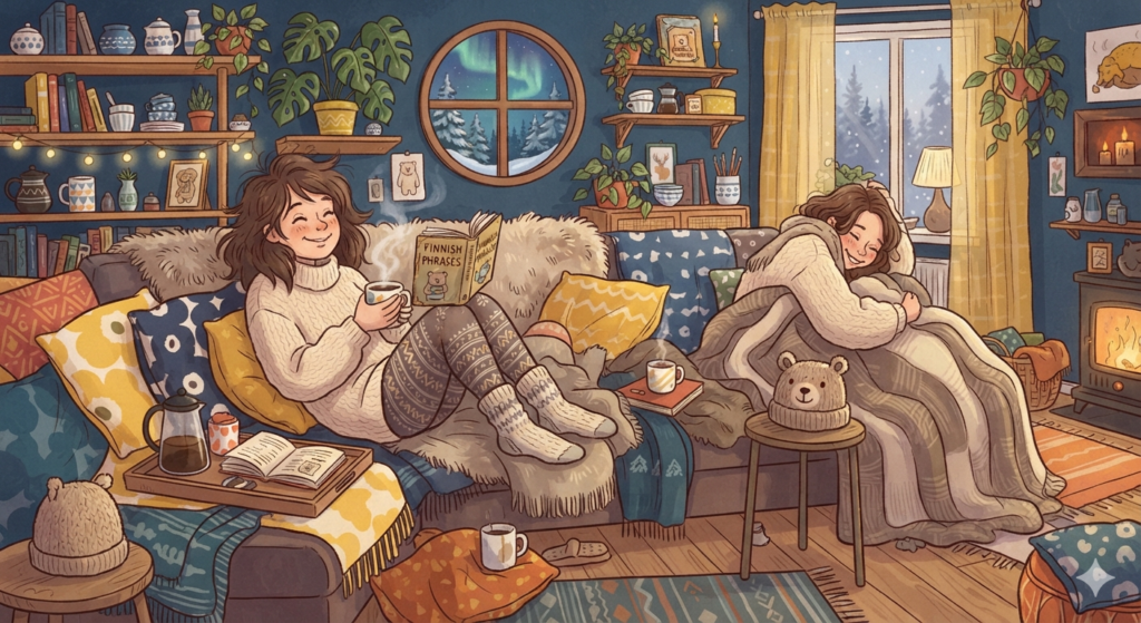 北欧風の可愛い部屋で、コーヒーを飲みながら白くまのようにゴロゴロ