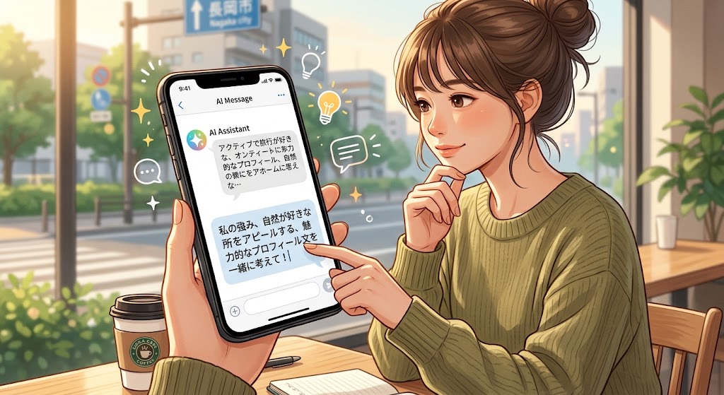 スマートフォンでAIとプロフィール文を考えている様子のイラスト