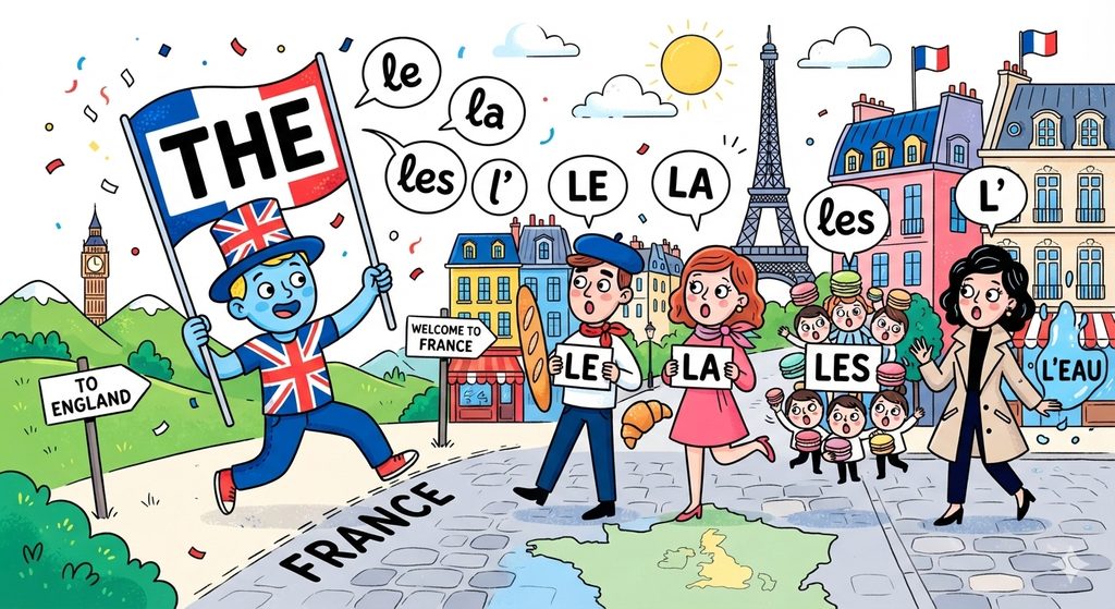 「THE」と書かれた英語の旗を持ったキャラクターが、フランスに入った途端に4人のキャラクター（le, la, les, l'）に分裂して驚いているようなポップなイラスト
