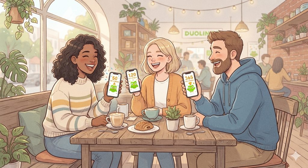 複数人がスマホでDuolingoの学習記録を見せ合っているイラスト