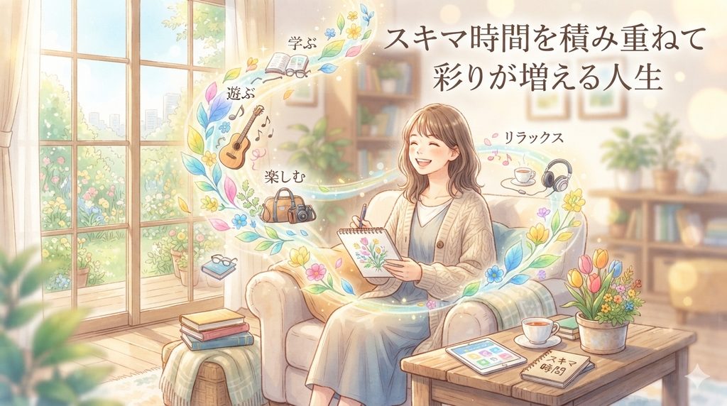 スキマ時間を積み重ねて彩りが増える人生をイメージした柔らかいイラスト